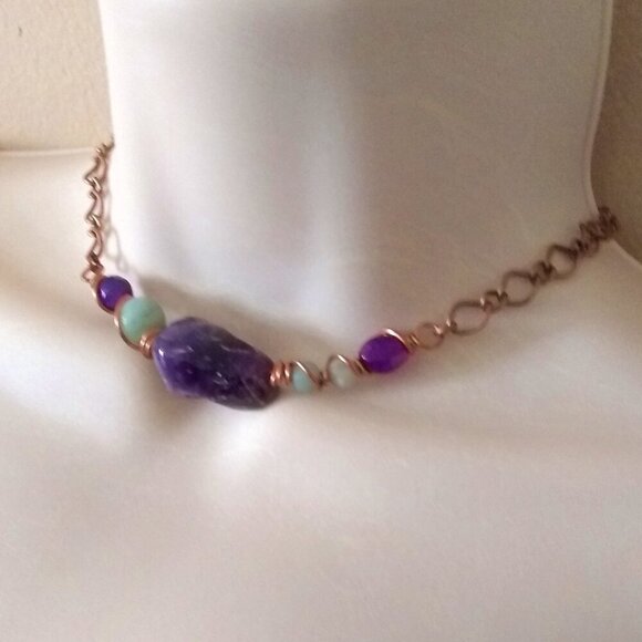 Huge Amethyst + Agate + Amazonite Beads & Copper! Handmade Asymmetrical Choker! - Picture 2 of 10